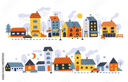 Small houses streets. Rural little town with cozy color buildings, line compositions. Tiny homes, cute cars and trees, urban landscapes, horizontal border, vector cartoon isolated set