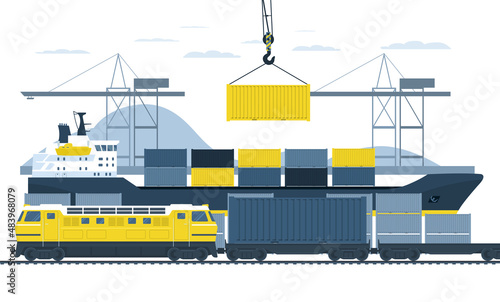 Loading containers on a freight train in the port from a container ship. Vector illustration.