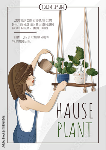 Woman taking care of houseplants. Woman with watering can taking care of houseplants. Houseplant, home garden, gardening, plant lover, houseplant store concept, greenhouse. A4 vector illustration
