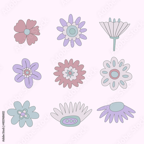 vector set of blue lo fi hippie flowers.Hippie collection flowers for spring and summer.Faded vintage style 70s and 80s.Stories social media stickers.Romantic soft pop shapes in funky and groovy