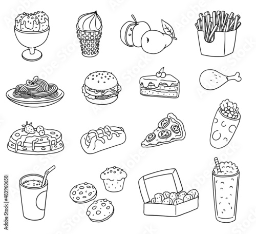 Fast food icons set in outline doodle style, vector illustration isolated on white background.