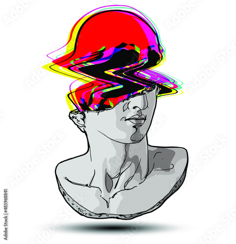 Vector hand drawn illustration of classical sculpture fragment of colossal head with colorful glitched skull coming from the broken side. Isolated on white background.