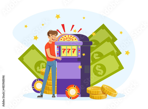 Bad Habit with Man Addicted to Gambling Playing Casino Machine Vector Illustration