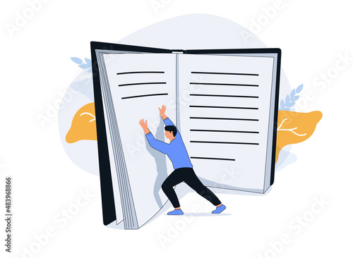 A man, a student or a businessman is flipping over a large book. Vector Illustration Hand drawing doodle style