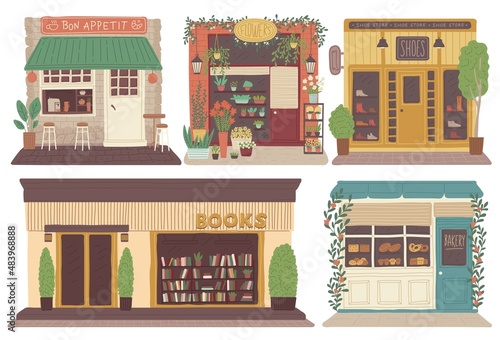Shops and cafes buildings exterior in the city, flat vector illustration isolated on white background.