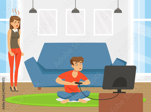 Bad Habit with Man Addicted to Video Games Sitting and Playing with Gamepad Vector Illustration