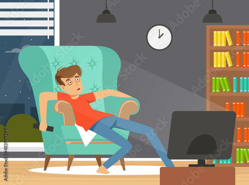Bad Habit with Man Addicted to Watching TV Sitting in Front of TV Set Vector Illustration