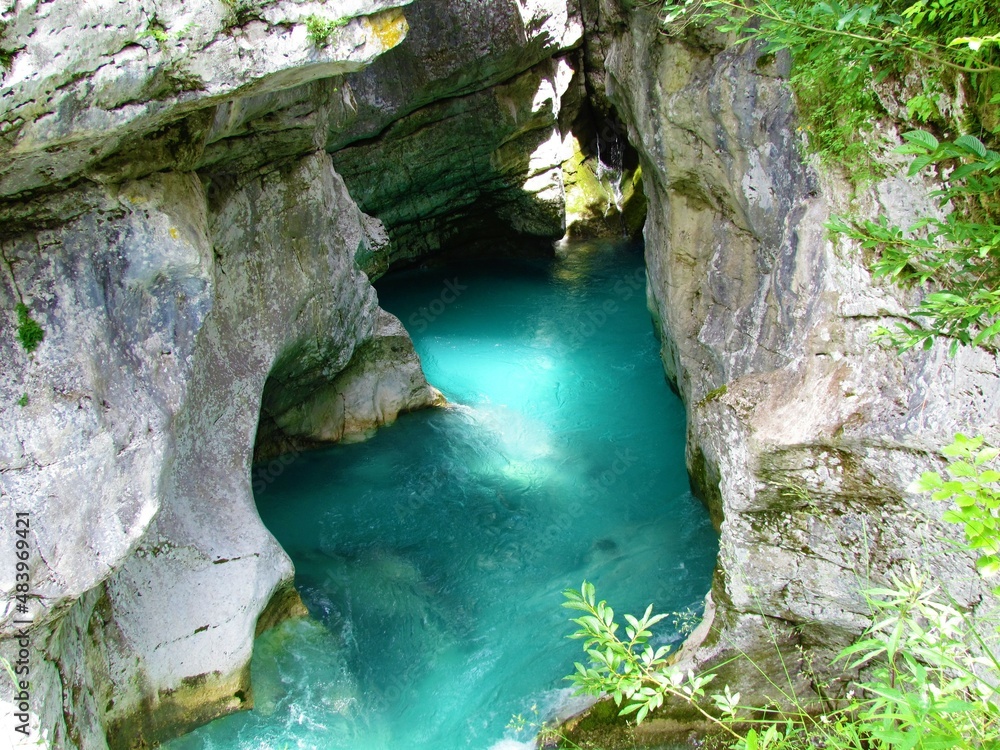 Soca river at the Great Soca gorge in Trenta valley, Slovenia