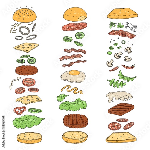 Hamburger and sandwich ingredient constructor. Cheeseburger and sandwich parts or ingredient slices layers.