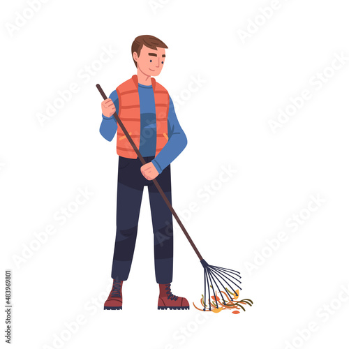 Man Character with Rake Collecting Garbage Cleaning Street Vector Illustration