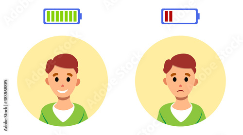 Young man character, upset and happy mood, mental health concept, vector isolated flat concept, optimist and pessimist boy, positive and negative emotion thinking. Person portrait set, battery energy.