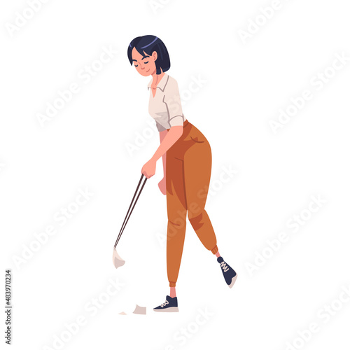 Woman Character with Stick Collecting Garbage Cleaning Street Vector Illustration