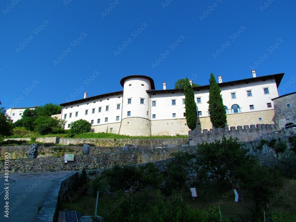 Castle in small town of Stanjel in Littoral region of Slovenia lit bya sunlight