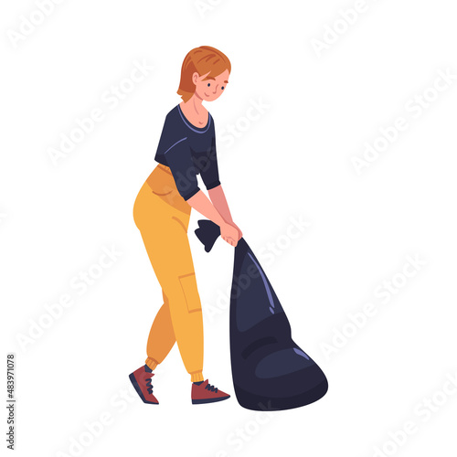 Woman Character with Sack Collecting Garbage Cleaning Street Vector Illustration
