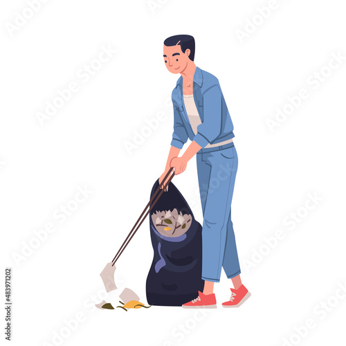 Man Character with Stick and Sack Collecting Garbage Cleaning Street Vector Illustration