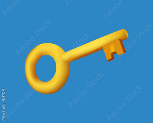 Minimal yellow key isolated on pastel blue background. simple design. 3d rendering. 3D vector icon free to edit.