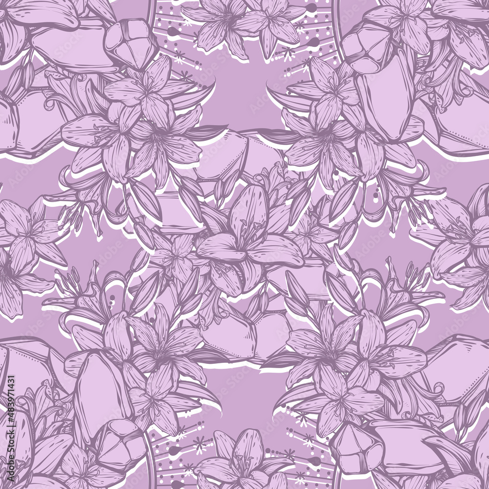 Obraz premium Botanical vector illustration, summer lilium flowers, bouquet of flowers, crystals, romantic decoration, line art style, Handmade, purple background, seamless pattern