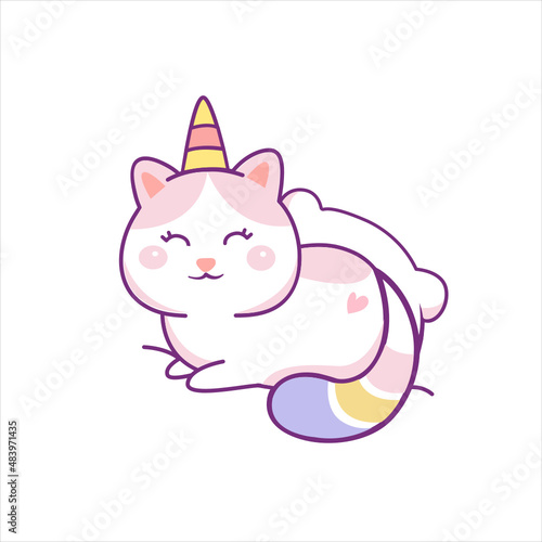 Cartoon cute white cat unicorns. Funny caticorn kittens vector. 