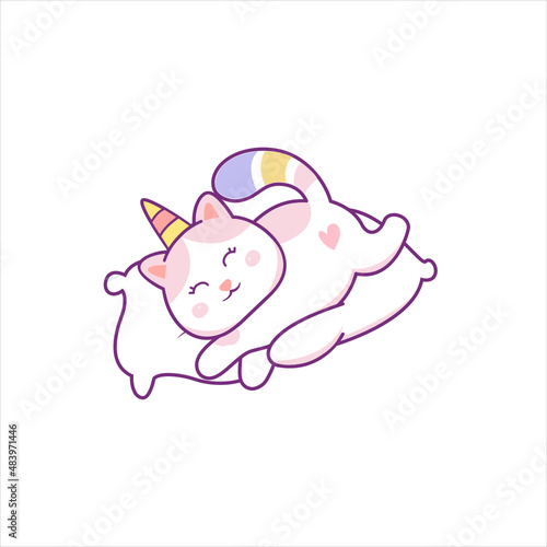 Cartoon cute white cat unicorns. Funny caticorn kittens vector. 