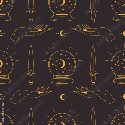 Abstract seamless pattern with outline woman hands, magic ball and knife. Hand drawn mystical background. Golden witchcraft silhouettes and celestial symbols on black