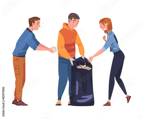 Man and Woman Character with Sack Collecting Garbage Cleaning Street Vector Illustration