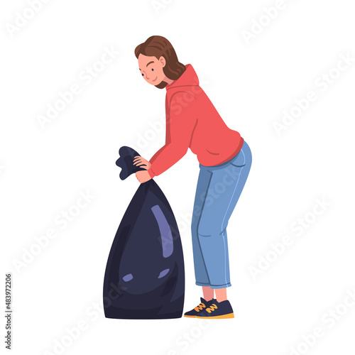 Woman Character with Sack Collecting Garbage Cleaning Street Vector Illustration