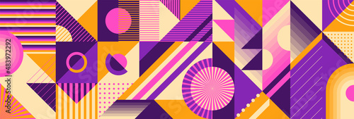 Geometric pattern design in retro style made of colorful geometric shapes. Vector illustration.