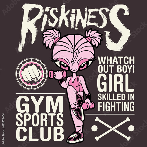 Girl training at the gym dressed in pink. Illustration of a girl lifting dumbbells and exercising. Gym and fitness illustration concept.