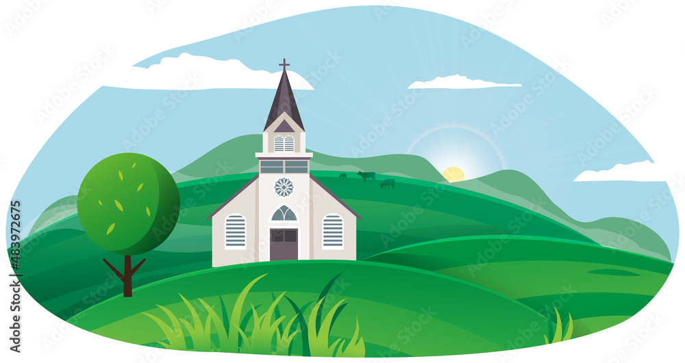 Naklejka premium Old Catholic Church isolated. Cartoon vector classic cathedral illustration. Religious building in style of ancient architecture, traditional prayer house with cross on roof