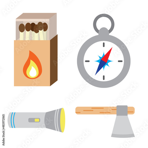Set of touristic and camping equipment. Compass, flashlight, matches box and axe. Things for active vacations. Luggage icons for travel, journey and hiking. 