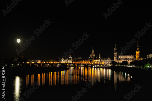 View along the Elbe of Dresden at night.