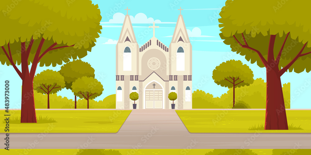 Old Catholic Church isolated. Cartoon vector classic cathedral illustration. Religious building in style of ancient architecture, traditional prayer house with cross on roof