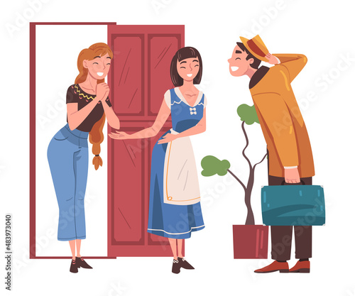 Happy Man Character Coming Back and Returning Home Standing Near Open Door with Relatives Welcoming Him Vector Illustration