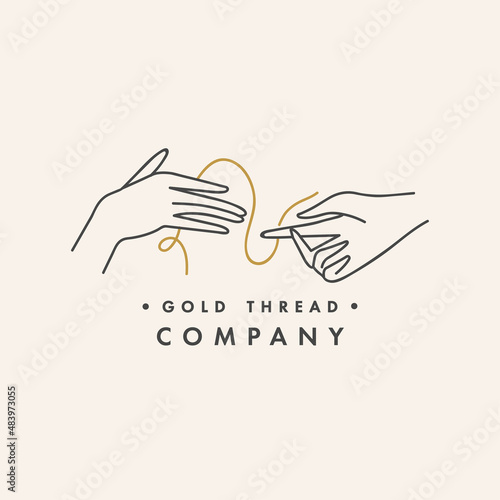 Vector design linear template logo or emblem - hands with golden thread. Abstract symbol for hand made cosmetics and packaging or beauty products.