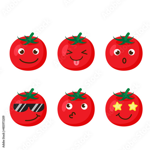 Set of tomato emojis. Kawaii style icons, vegetable characters. Vector illustration in cartoon flat style. Set of funny smiles or emoticons. Good nutrition and vegan concept. illustration for kids. 