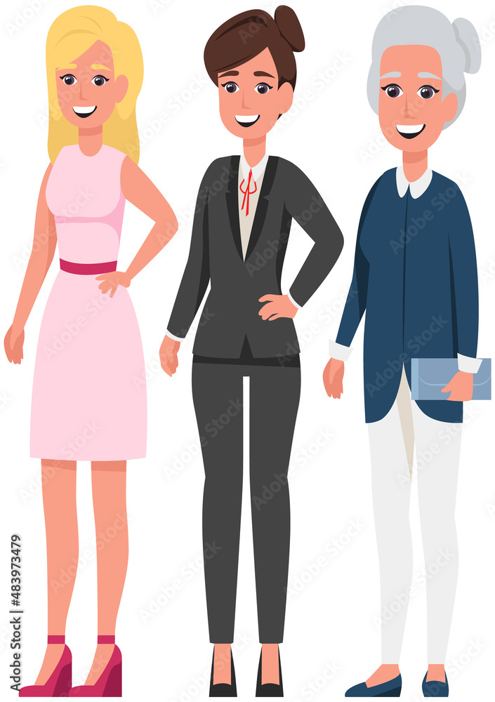 All age groups of europeans. Woman of different generations concept. Stages of development of women, adolescence, maturity, old age. Elderly, adult and young ladies in business and casual clothes All age groups of europeans. Woman of different generations concept. Stages of development of women, adolescence, maturity, old age. Elderly, adult and young ladies in business and casual clothes