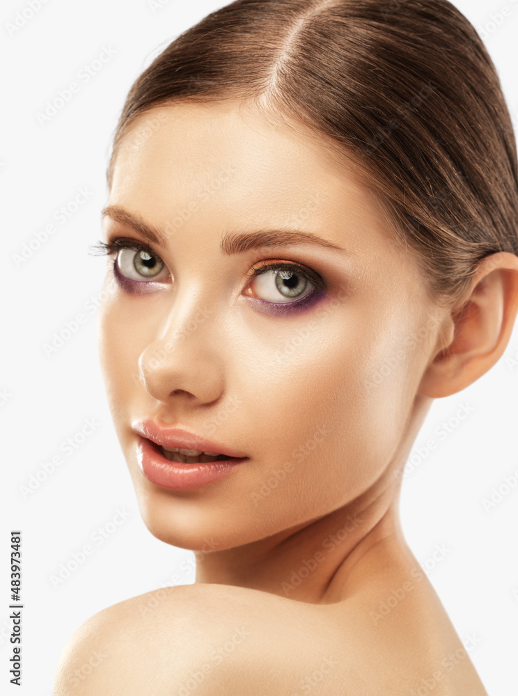 Portrait of attractive girl with healthy clean skin and beautiful make-up. Aesthetic cosmetology and makeup concept. Portrait of attractive girl with healthy clean skin and beautiful make-up. Aesthetic cosmetology and makeup concept.