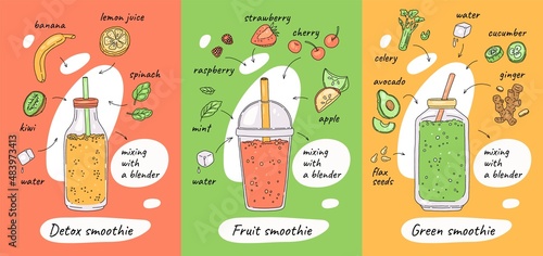 Set of posters with recipes of drinks, smoothies in sketch vector illustration