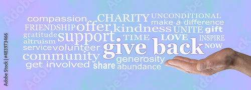 Words associated with Giving Back concept banner -  male hand offering the words GIVE BACK surrounded by relevant word cloud on a pale lilac blue green background
