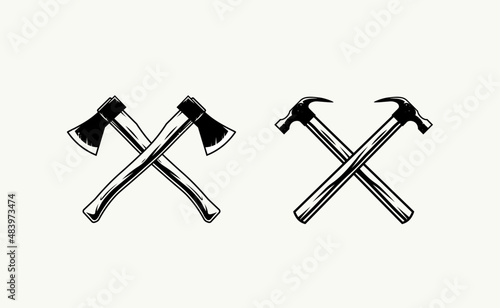 Crossed axes logo. Crossed hammers logo. Textured vintage tools vector illustration 