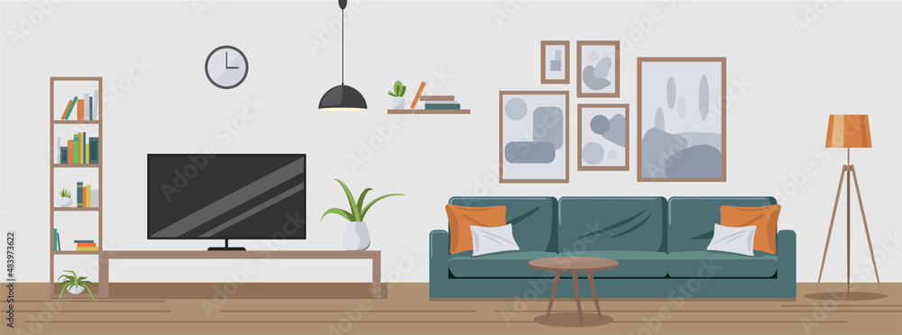 Modern house interior background. Cozy apartment furnished with a sofa,  table, shelf with books and flowerpots, TV, paintings and lamps in cartoon  style. Stock Vector | Adobe Stock