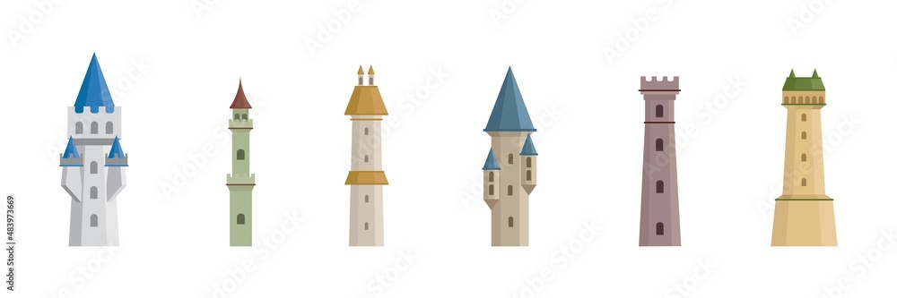 Set of different types of fairy medieval towers white background. Vector old gothic castle towers in cartoon style.