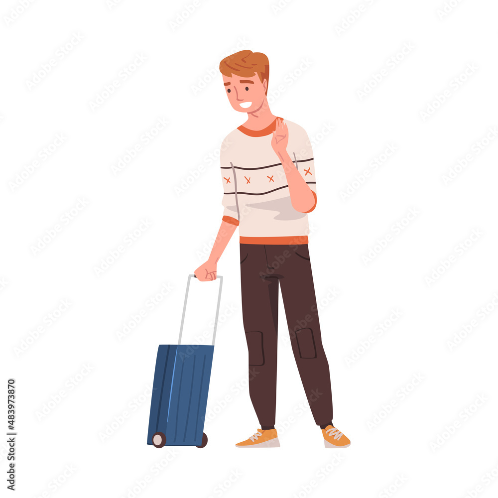 Happy Man Character Coming Back and Returning Home Standing with Suitcase Vector Illustration