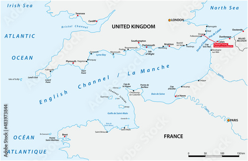 Vector map of the English Channel between United Kingdom and France