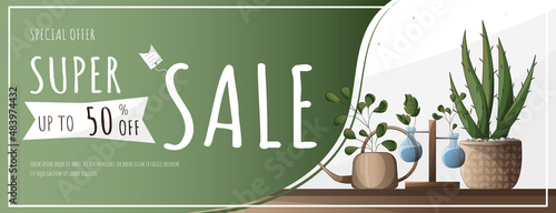 Promotional banner on the sale of houseplants, home garden, gardening, plant lover, houseplant store concept, greenhouse, flower shop, houseplant sale