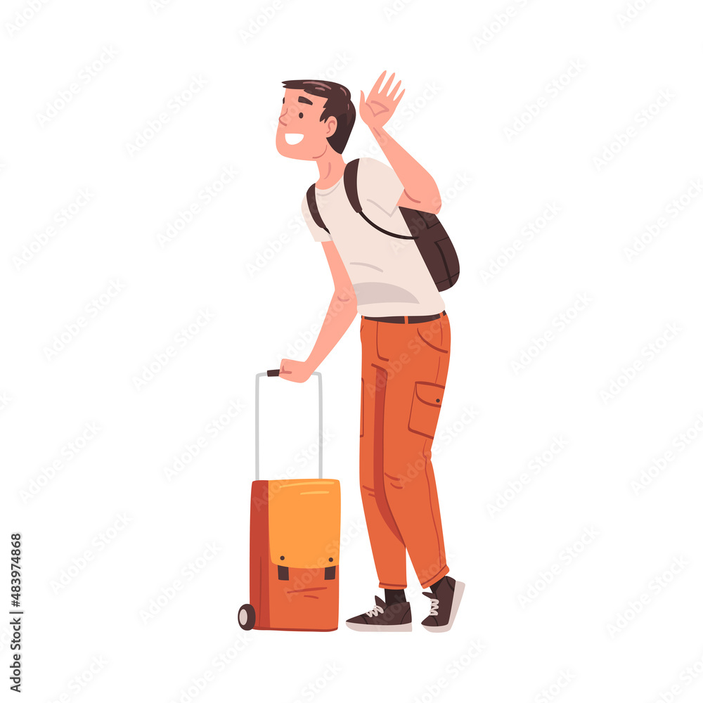 Happy Man Character Coming Back and Returning Home Standing with Suitcase Vector Illustration Happy Man Character Coming Back and Returning Home Standing with Suitcase Vector Illustration