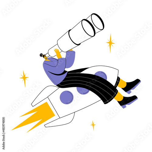 A girl with binoculars is flying on a rocket. Vector illustration about the search for a successful idea.