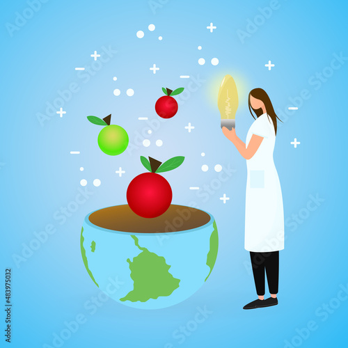 female scientist studies the force of gravity. Planet Earth with falling apples.Vector illustration in a flat style photo