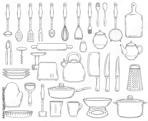 Kitchen cooking utensils and tools set sketch vector illustration isolated.