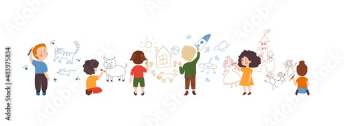 Children paint on wall, flat vector illustration isolated on white background.